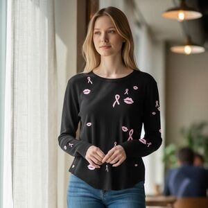 Chaser Black Breast Cancer Ribbon Pink Lips Ribbed Waffle Knit Long Sleeve Top